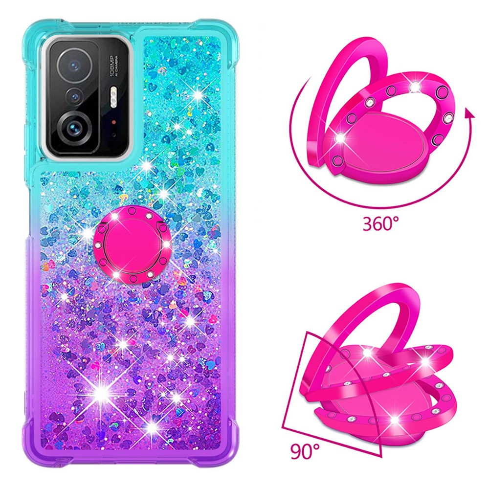 Glitter Liquid Bling Sparkle Gradient Quicksand Four Corners Anti-fall Soft TPU Protective Case Shell with Ring Holder Kickstand for Xiaomi 11T/11T Pro - Sky Blue/Purple-2