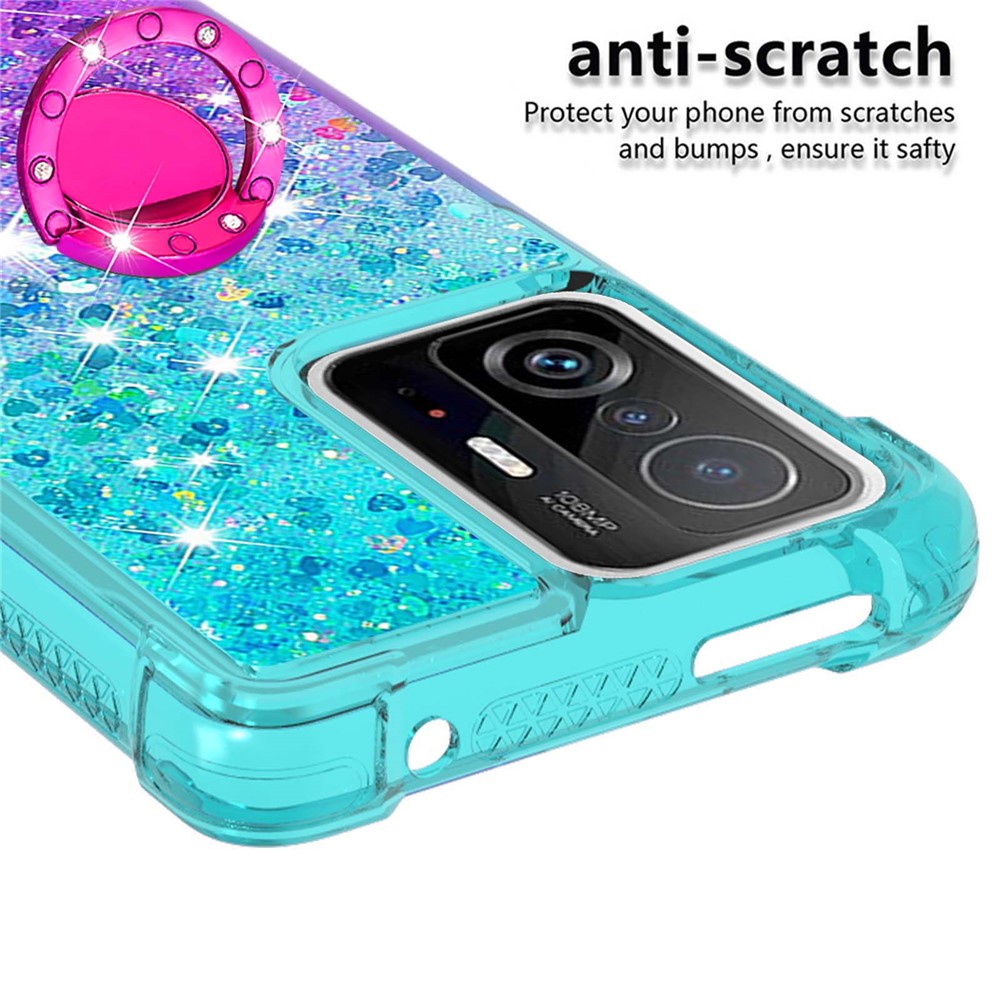 Glitter Liquid Bling Sparkle Gradient Quicksand Four Corners Anti-fall Soft TPU Protective Case Shell with Ring Holder Kickstand for Xiaomi 11T/11T Pro - Sky Blue/Purple-3