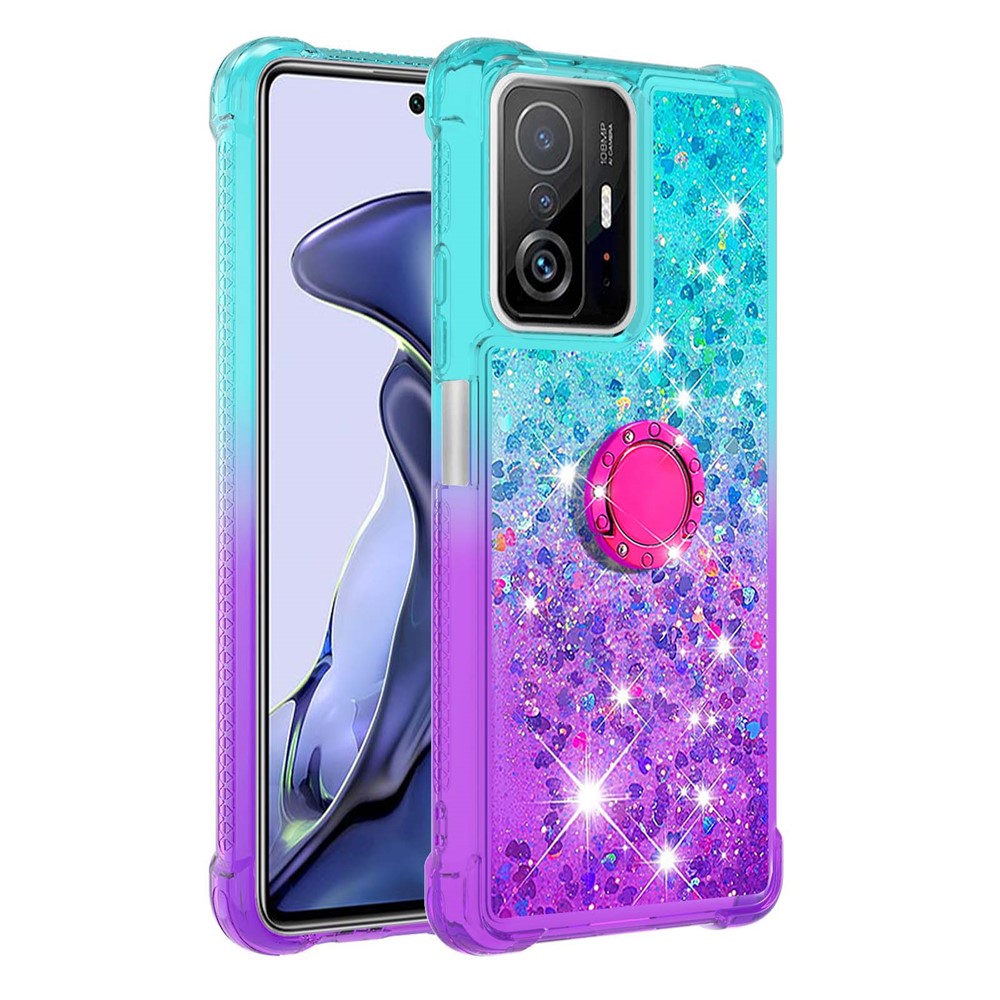 Glitter Liquid Bling Sparkle Gradient Quicksand Four Corners Anti-fall Soft TPU Protective Case Shell with Ring Holder Kickstand for Xiaomi 11T/11T Pro - Sky Blue/Purple-4