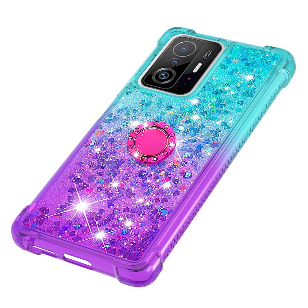 Glitter Liquid Bling Sparkle Gradient Quicksand Four Corners Anti-fall Soft TPU Protective Case Shell with Ring Holder Kickstand for Xiaomi 11T/11T Pro - Sky Blue/Purple-5