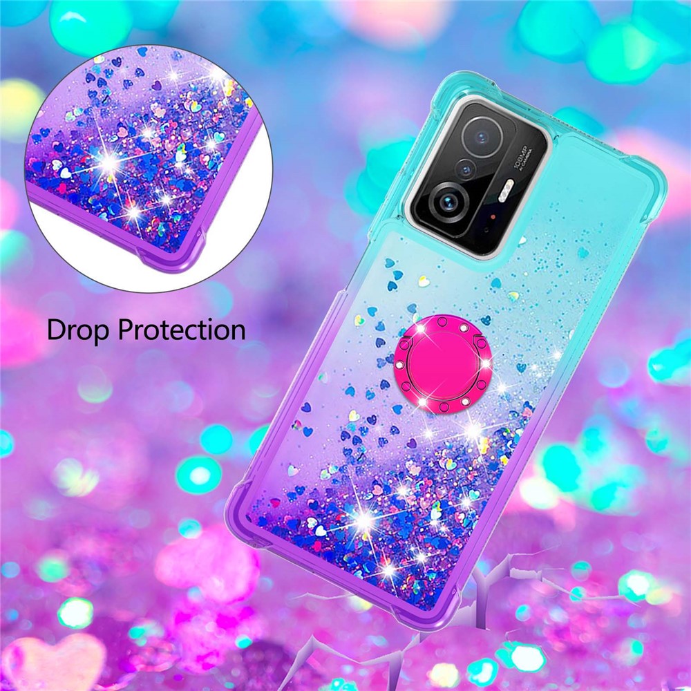 Glitter Liquid Bling Sparkle Gradient Quicksand Four Corners Anti-fall Soft TPU Protective Case Shell with Ring Holder Kickstand for Xiaomi 11T/11T Pro - Sky Blue/Purple-6