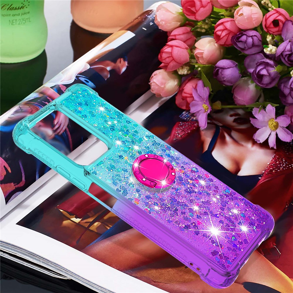 Glitter Liquid Bling Sparkle Gradient Quicksand Four Corners Anti-fall Soft TPU Protective Case Shell with Ring Holder Kickstand for Xiaomi 11T/11T Pro - Sky Blue/Purple-7