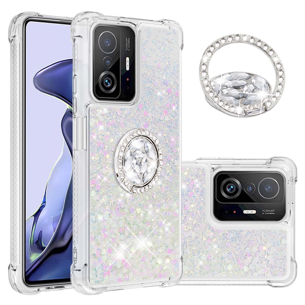 Liquid Glitter Quicksand TPU Shiny Rhinestone Case with Ring Kickstand for Xiaomi 11T / 11T Pro - Silver Hearts-1