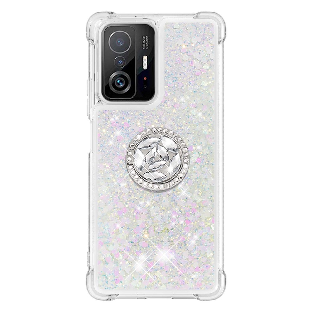 Liquid Glitter Quicksand TPU Shiny Rhinestone Case with Ring Kickstand for Xiaomi 11T / 11T Pro - Silver Hearts-2