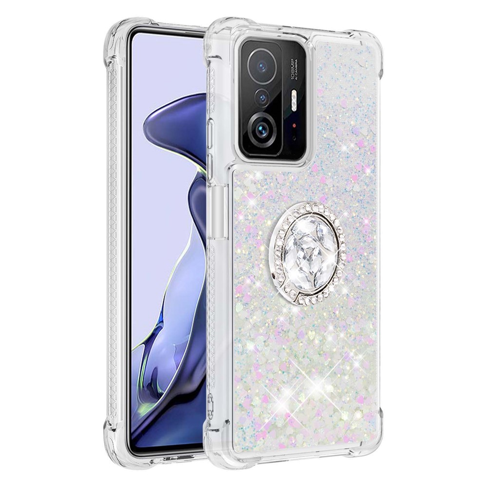 Liquid Glitter Quicksand TPU Shiny Rhinestone Case with Ring Kickstand for Xiaomi 11T / 11T Pro - Silver Hearts-3