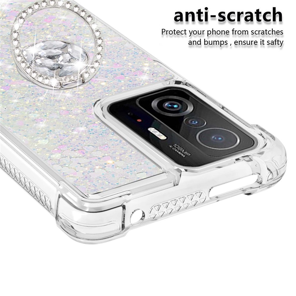Liquid Glitter Quicksand TPU Shiny Rhinestone Case with Ring Kickstand for Xiaomi 11T / 11T Pro - Silver Hearts-4