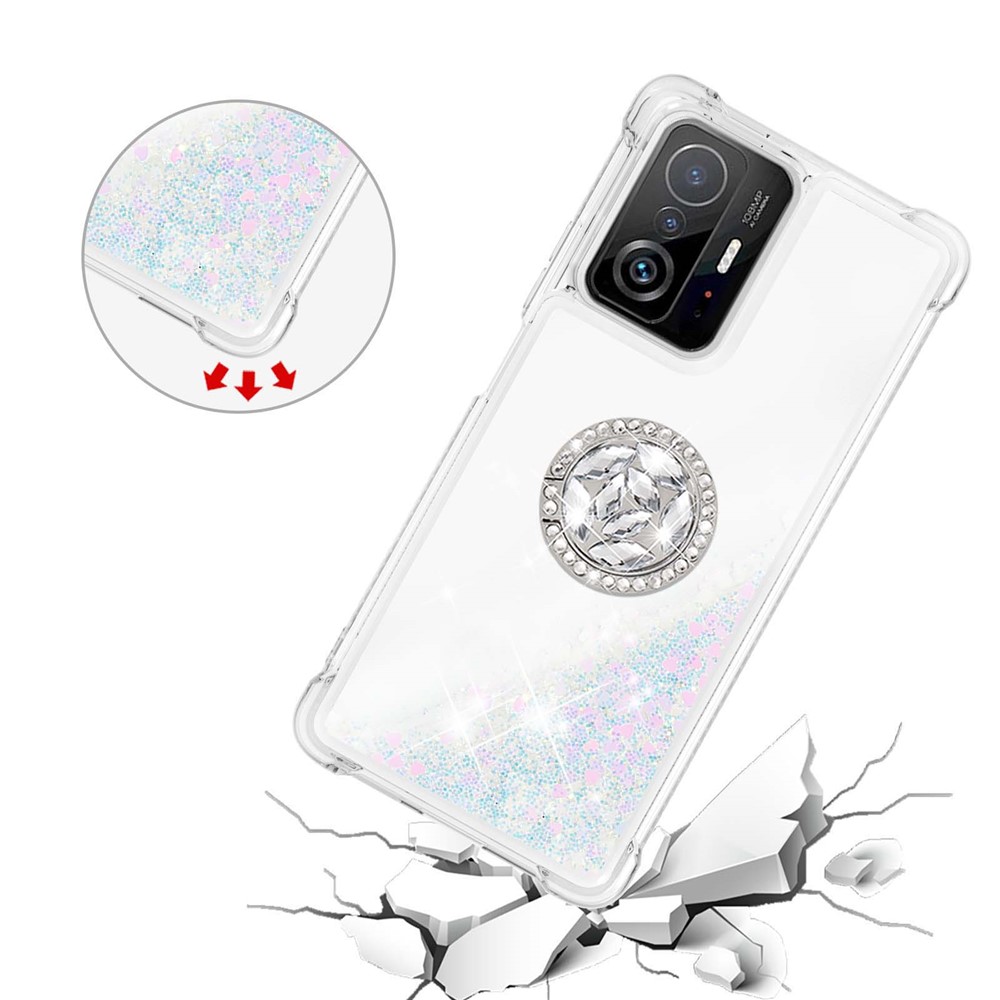 Liquid Glitter Quicksand TPU Shiny Rhinestone Case with Ring Kickstand for Xiaomi 11T / 11T Pro - Silver Hearts-5