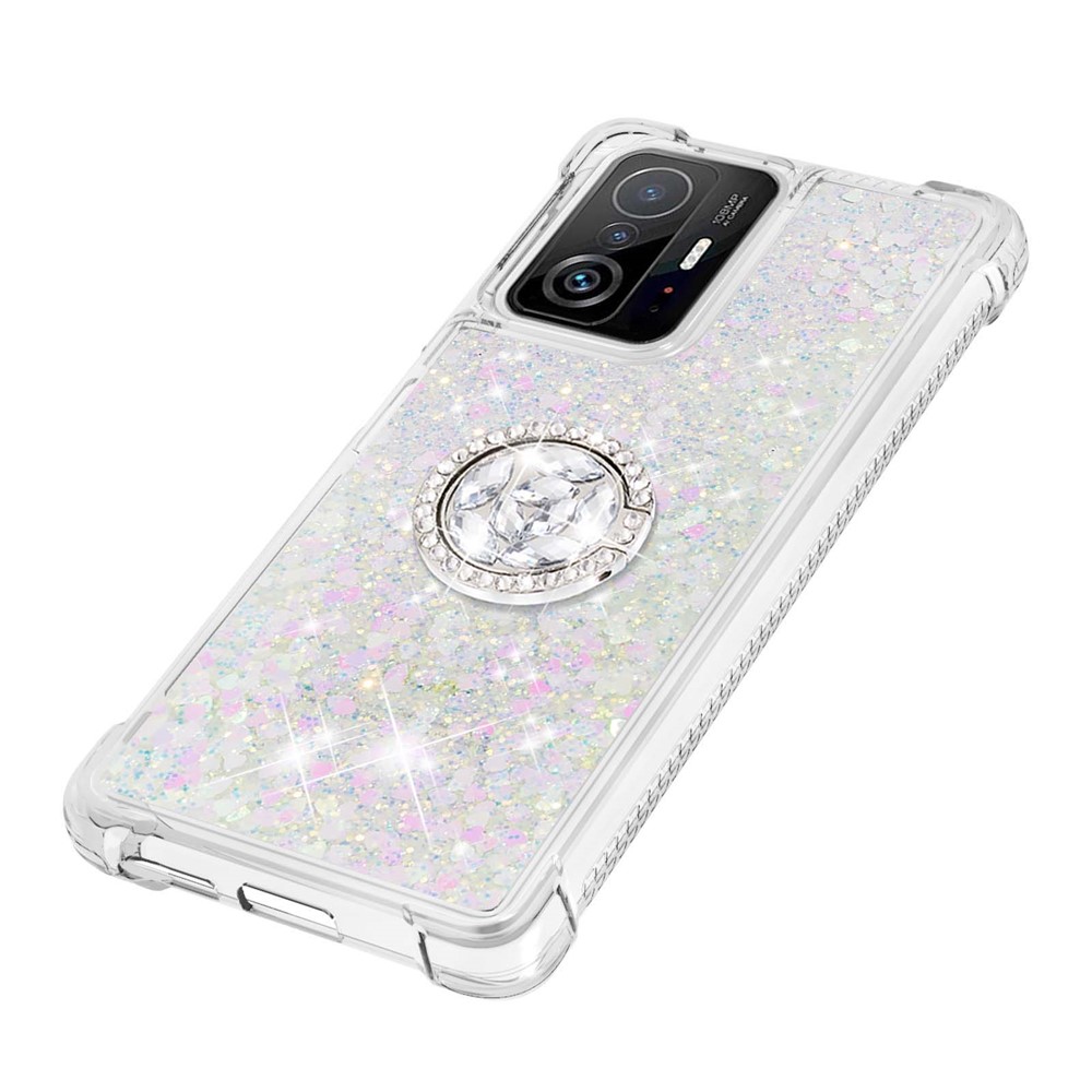 Liquid Glitter Quicksand TPU Shiny Rhinestone Case with Ring Kickstand for Xiaomi 11T / 11T Pro - Silver Hearts-6