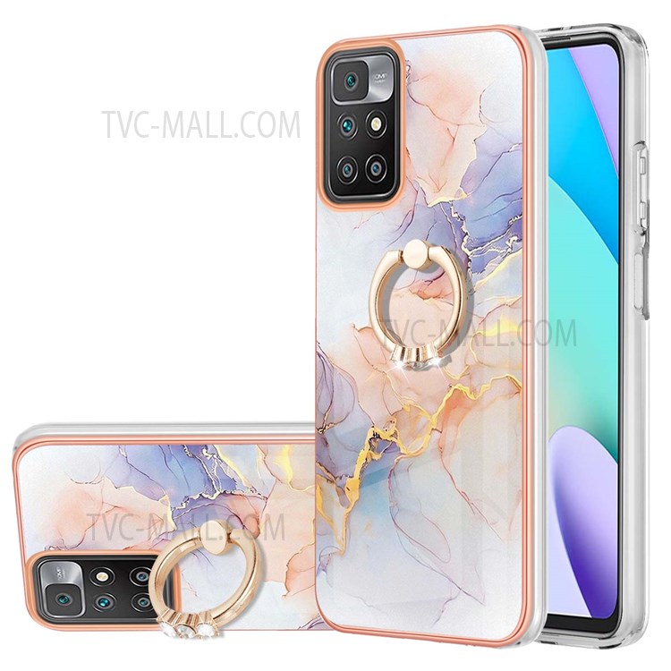 IMD Design Marble Pattern Phone Case Swivel Ring Kickstand Lens Protection Soft TPU Phone Cover for Xiaomi Redmi 10/10 Prime - Milky Way Marble White-1