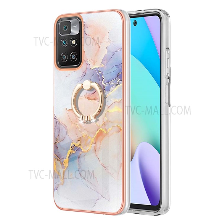 IMD Design Marble Pattern Phone Case Swivel Ring Kickstand Lens Protection Soft TPU Phone Cover for Xiaomi Redmi 10/10 Prime - Milky Way Marble White-2