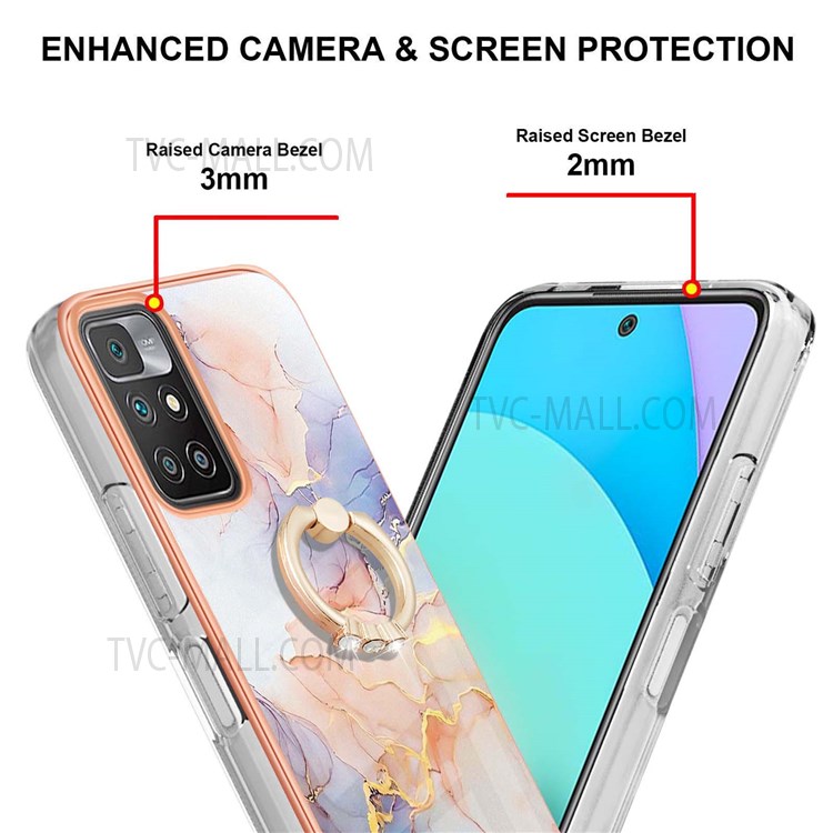 IMD Design Marble Pattern Phone Case Swivel Ring Kickstand Lens Protection Soft TPU Phone Cover for Xiaomi Redmi 10/10 Prime - Milky Way Marble White-3