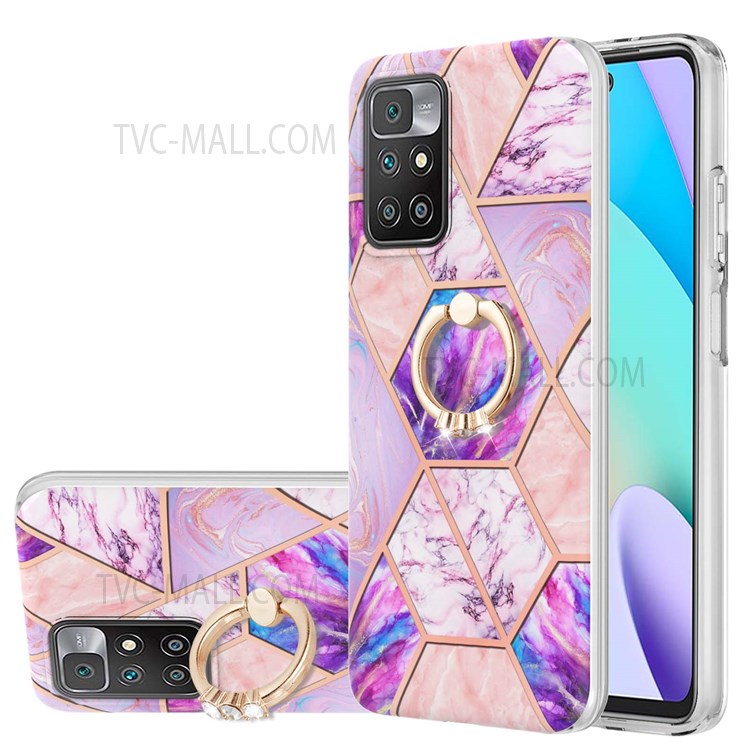 Anti-scratch Electroplate Edge 2.0mm IMD Soft TPU Marble Style Well-protected Phone Cover with Ring Kickstand for Xiaomi Redmi 10/10 Prime - Light Purple-1
