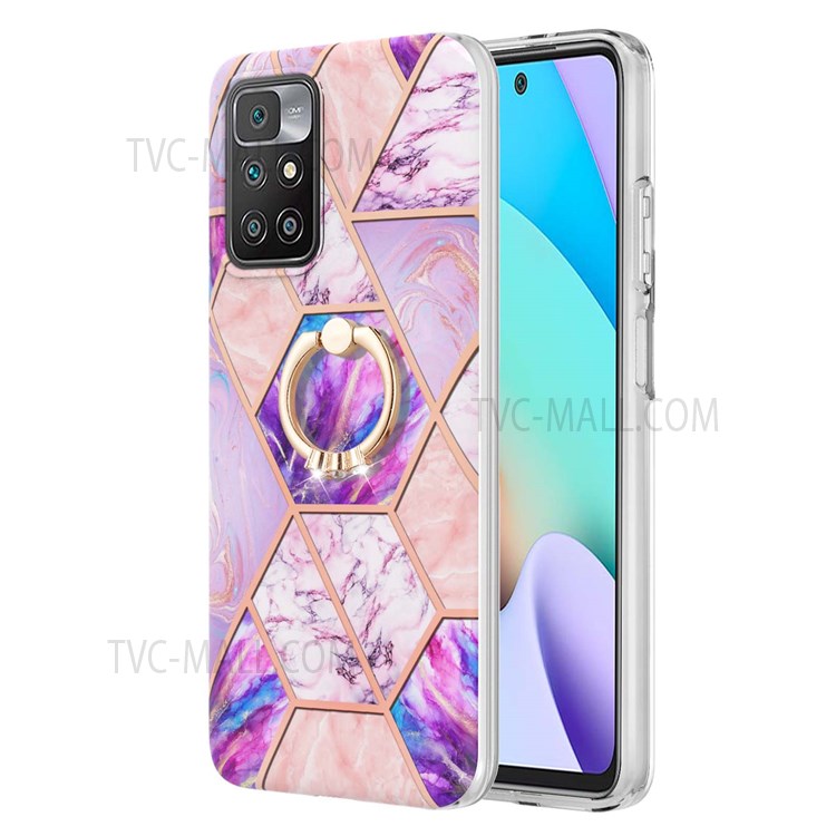 Anti-scratch Electroplate Edge 2.0mm IMD Soft TPU Marble Style Well-protected Phone Cover with Ring Kickstand for Xiaomi Redmi 10/10 Prime - Light Purple-2