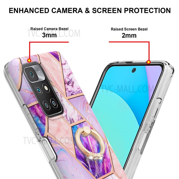 Anti-scratch Electroplate Edge 2.0mm IMD Soft TPU Marble Style Well-protected Phone Cover with Ring Kickstand for Xiaomi Redmi 10/10 Prime - Light Purple-3