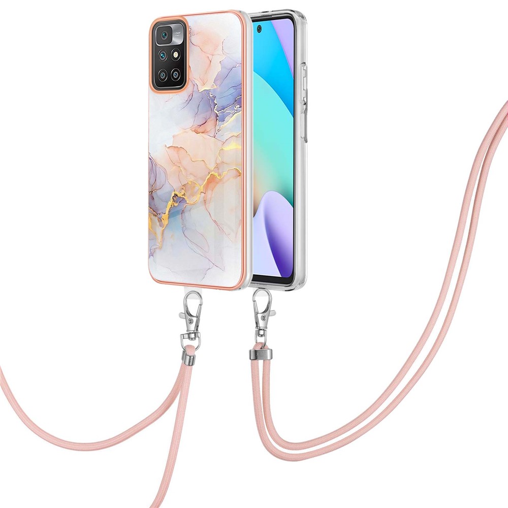 Marble Flower Pattern Series IMD IML Electroplating Anti-Scratch Light Thin Soft TPU Protective Case Cover with Shoulder Strap for Xiaomi Redmi 10/10 Prime - Milky Way Marble White-2