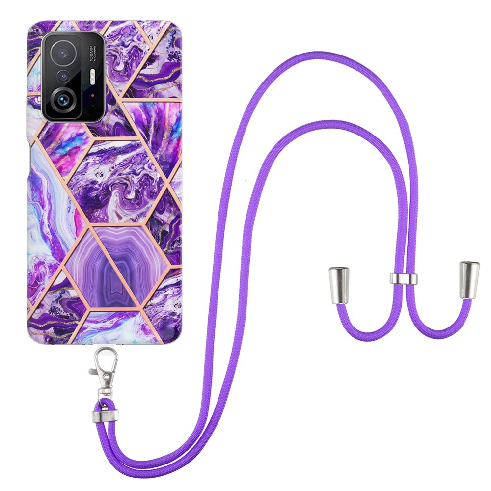 2.0mm Double-sided IMD Electroplating TPU Splicing Pattern Thick Marble Phone Cover Shell with Lanyard for Xiaomi 11T/11T Pro - Purple-1