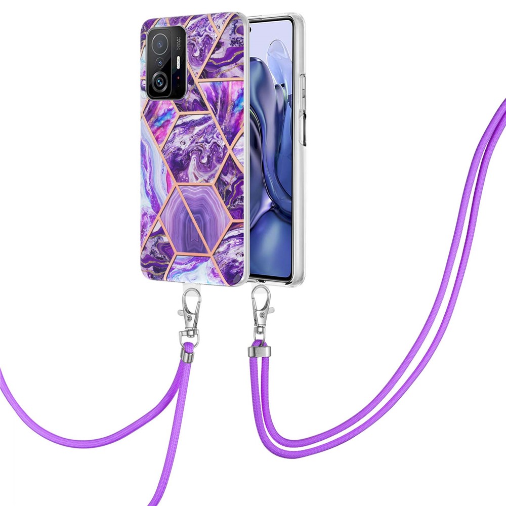2.0mm Double-sided IMD Electroplating TPU Splicing Pattern Thick Marble Phone Cover Shell with Lanyard for Xiaomi 11T/11T Pro - Purple-2