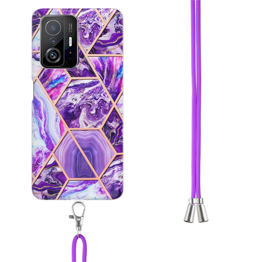 2.0mm Double-sided IMD Electroplating TPU Splicing Pattern Thick Marble Phone Cover Shell with Lanyard for Xiaomi 11T/11T Pro - Purple-3