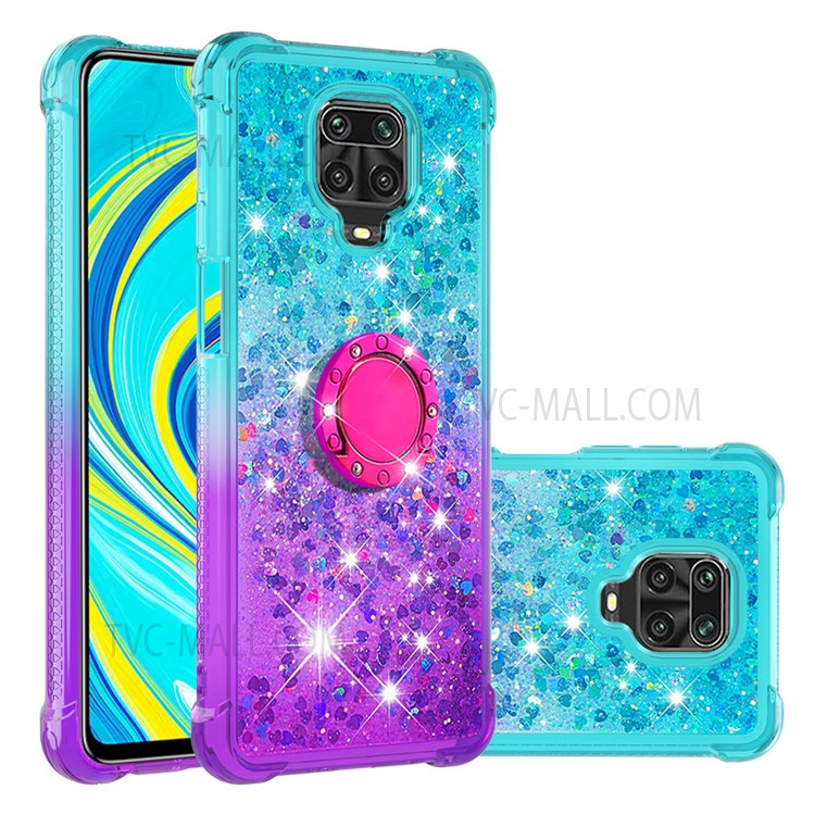 Fashionable Gradient Quicksand TPU Phone Back Cover Liquid Glitter Ring Kickstand Design Phone Case for Xiaomi Redmi Note 9S / Redmi Note 9 Pro / Redmi Note 9 Pro Max - Sky Blue/Purple-1