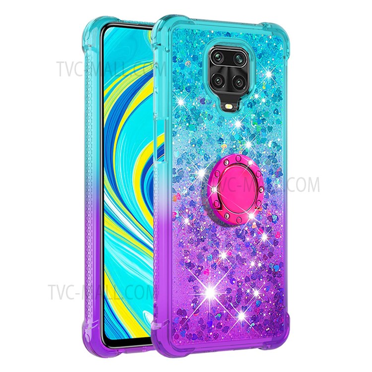 Fashionable Gradient Quicksand TPU Phone Back Cover Liquid Glitter Ring Kickstand Design Phone Case for Xiaomi Redmi Note 9S / Redmi Note 9 Pro / Redmi Note 9 Pro Max - Sky Blue/Purple-3