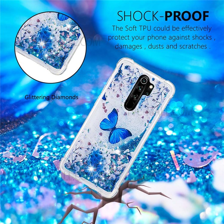 Pattern Printing Quicksand Moving Glitter Case Four Corners Anti-drop Shockproof Soft TPU Shell Cover for Xiaomi Redmi Note 8 Pro - Blue Butterfly-3