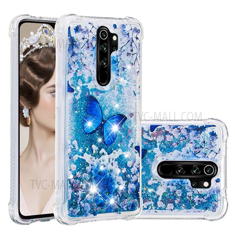 Pattern Printing Quicksand Moving Glitter Case Four Corners Anti-drop Shockproof Soft TPU Shell Cover for Xiaomi Redmi Note 8 Pro - Blue Butterfly-6