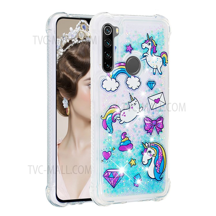 Quicksand Moving Glitter Pattern Printing Well-protected Stylish Case TPU Cover for Xiaomi Redmi Note 8/Note 8 2021 - Unicorns and Cat-1