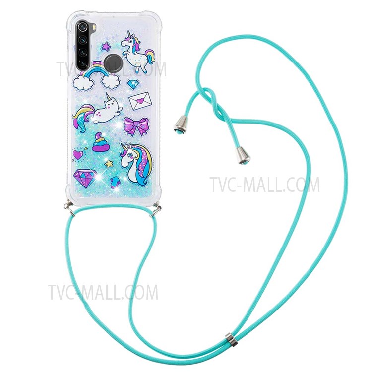 Sparkle Quicksand Series Soft TPU Pattern Printing Anti-fall Well-protected Back Case with Lanyard for Xiaomi Redmi Note 8 2021/Note 8 - Unicorns and Cat-1