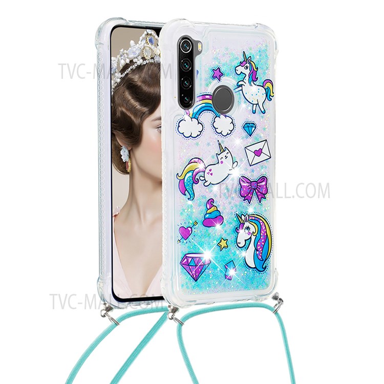 Sparkle Quicksand Series Soft TPU Pattern Printing Anti-fall Well-protected Back Case with Lanyard for Xiaomi Redmi Note 8 2021/Note 8 - Unicorns and Cat-2