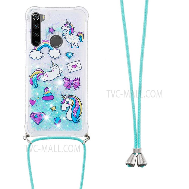 Sparkle Quicksand Series Soft TPU Pattern Printing Anti-fall Well-protected Back Case with Lanyard for Xiaomi Redmi Note 8 2021/Note 8 - Unicorns and Cat-3