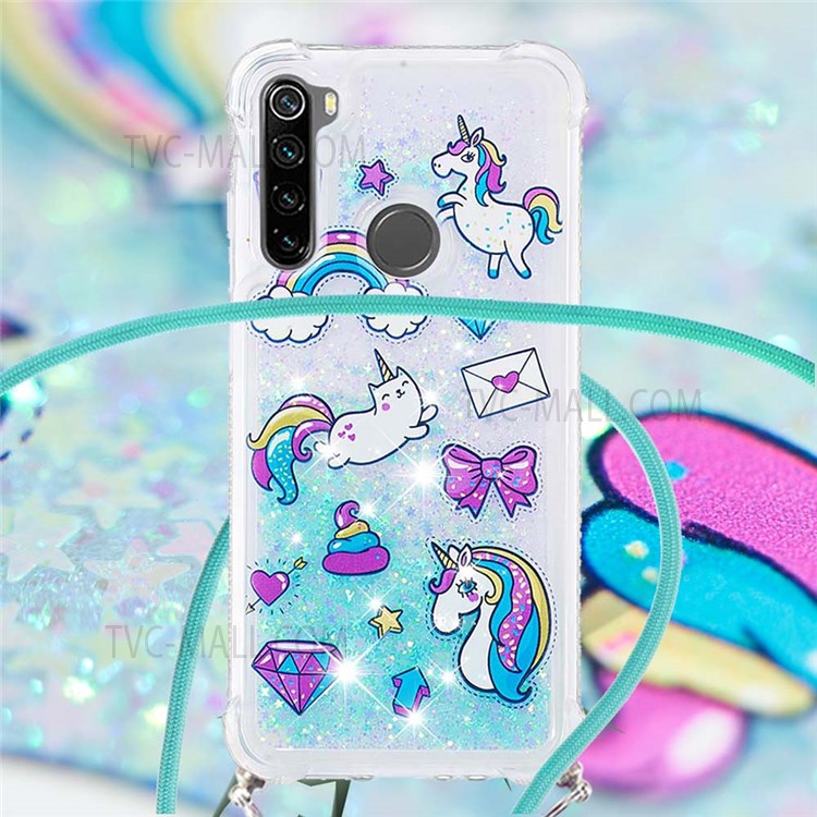 Sparkle Quicksand Series Soft TPU Pattern Printing Anti-fall Well-protected Back Case with Lanyard for Xiaomi Redmi Note 8 2021/Note 8 - Unicorns and Cat-5