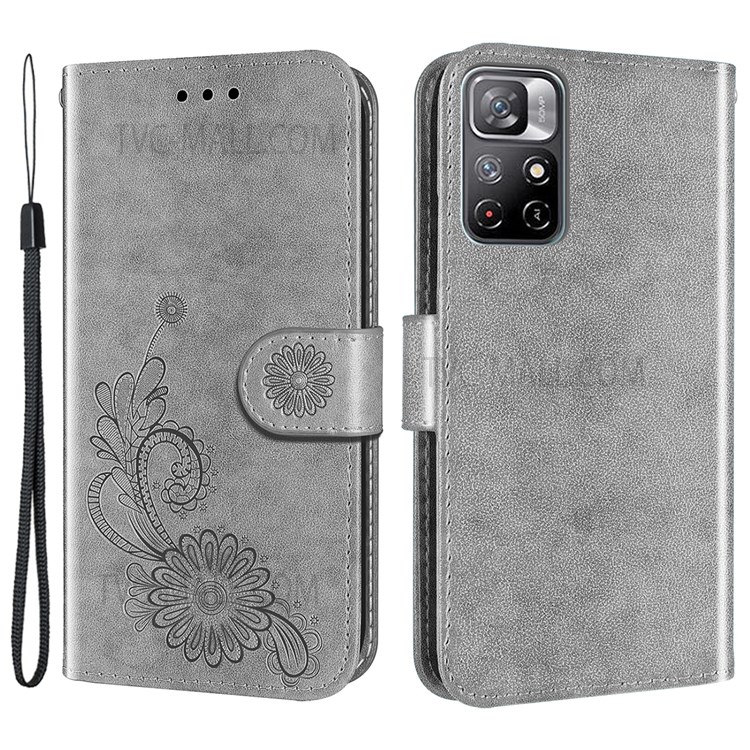 Full Protection Lace and Lotus Imprinted Leather Phone Wallet Case Stand Cover with Wrist Strap for Xiaomi Redmi Note 11/Poco M4 Pro 5G - Grey-1