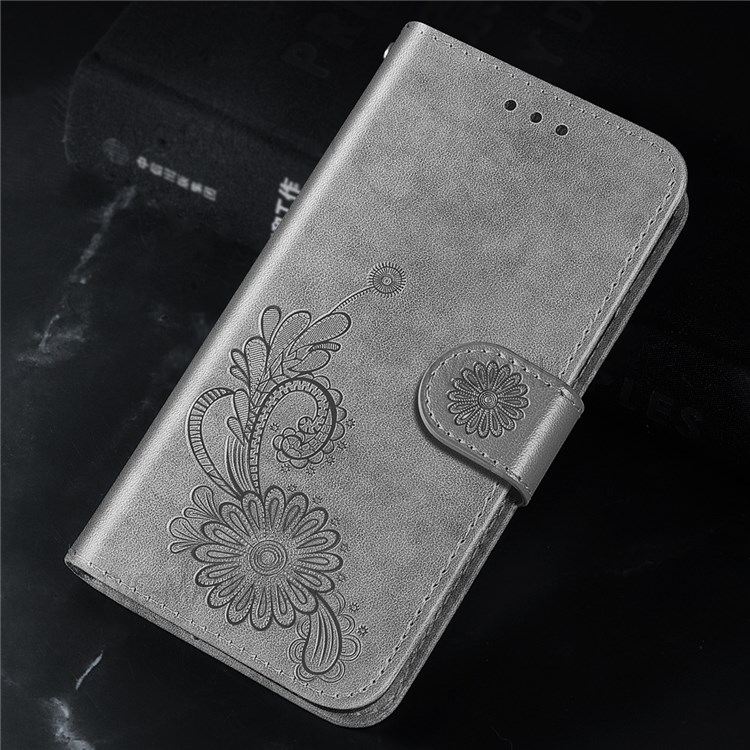 Full Protection Lace and Lotus Imprinted Leather Phone Wallet Case Stand Cover with Wrist Strap for Xiaomi Redmi Note 11/Poco M4 Pro 5G - Grey-10