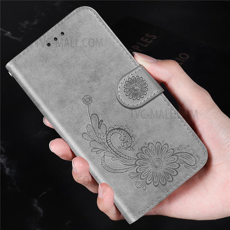 Full Protection Lace and Lotus Imprinted Leather Phone Wallet Case Stand Cover with Wrist Strap for Xiaomi Redmi Note 11/Poco M4 Pro 5G - Grey-11