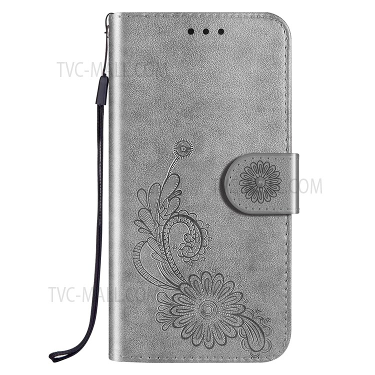 Full Protection Lace and Lotus Imprinted Leather Phone Wallet Case Stand Cover with Wrist Strap for Xiaomi Redmi Note 11/Poco M4 Pro 5G - Grey-2