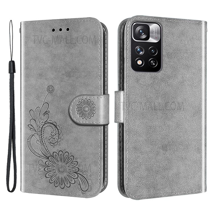 Folio Flip Stand Wallet Leather Phone Case Cover with Imprinting Lace and Lotus Pattern for Xiaomi Redmi Note 11 Pro/Note 11 Pro+ - Grey-1
