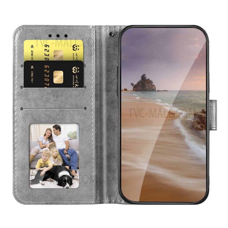 Folio Flip Stand Wallet Leather Phone Case Cover with Imprinting Lace and Lotus Pattern for Xiaomi Redmi Note 11 Pro/Note 11 Pro+ - Grey-5