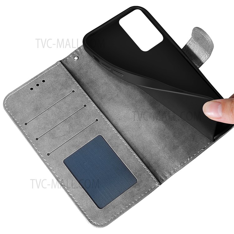 Folio Flip Stand Wallet Leather Phone Case Cover with Imprinting Lace and Lotus Pattern for Xiaomi Redmi Note 11 Pro/Note 11 Pro+ - Grey-8