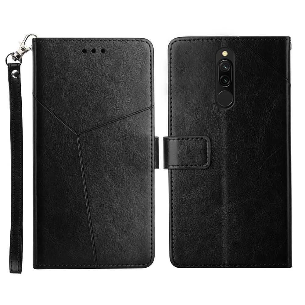 PU Leather Wallet Stand Design Cover Y-shaped Lines Imprinted Fingerprint-proof Magnetic Closure Phone Case with Strap for Xiaomi Redmi 8/8A - Black-1