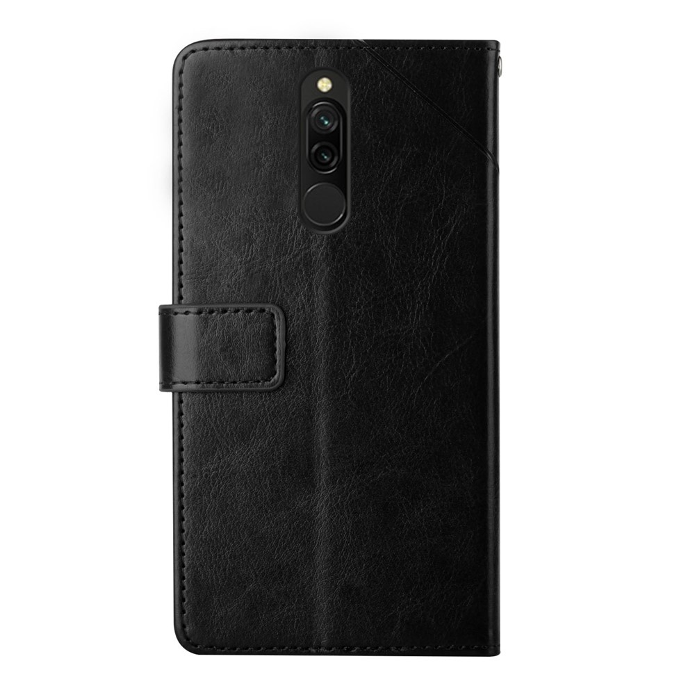 PU Leather Wallet Stand Design Cover Y-shaped Lines Imprinted Fingerprint-proof Magnetic Closure Phone Case with Strap for Xiaomi Redmi 8/8A - Black-3
