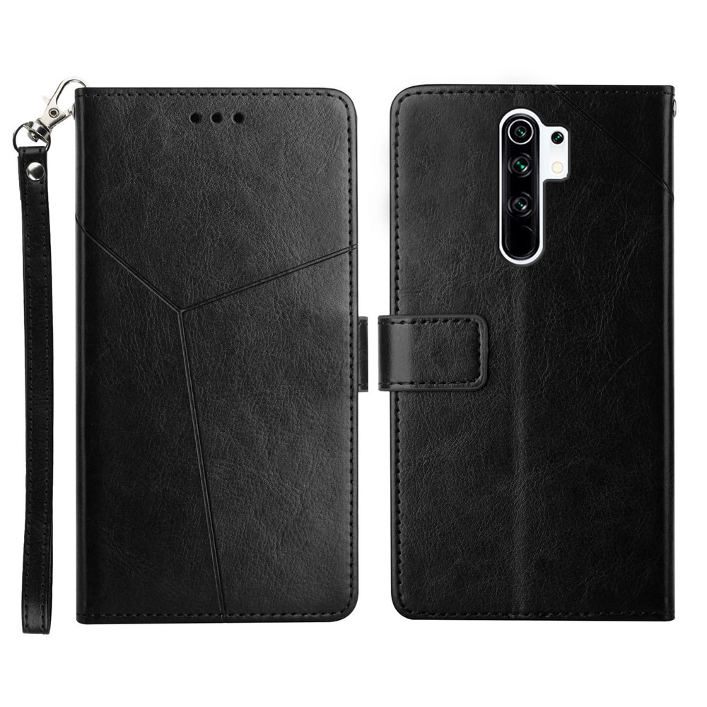 PU Leather Wallet Stand Flip Cover Y-shaped Lines Imprinted Magnetic Closure Scratch-proof Phone Case with Strap for Xiaomi Redmi Note 8 Pro - Black-1
