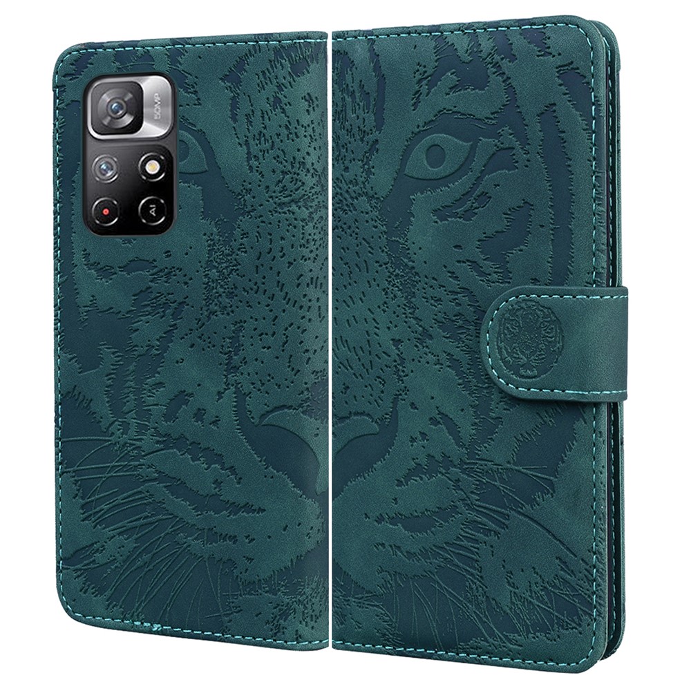 Tiger Pattern Imprinted PU Leather Wallet Stand Full-Protection Phone Case Shell for Xiaomi Redmi Note 11/Poco M4 Pro 5G - Green-1