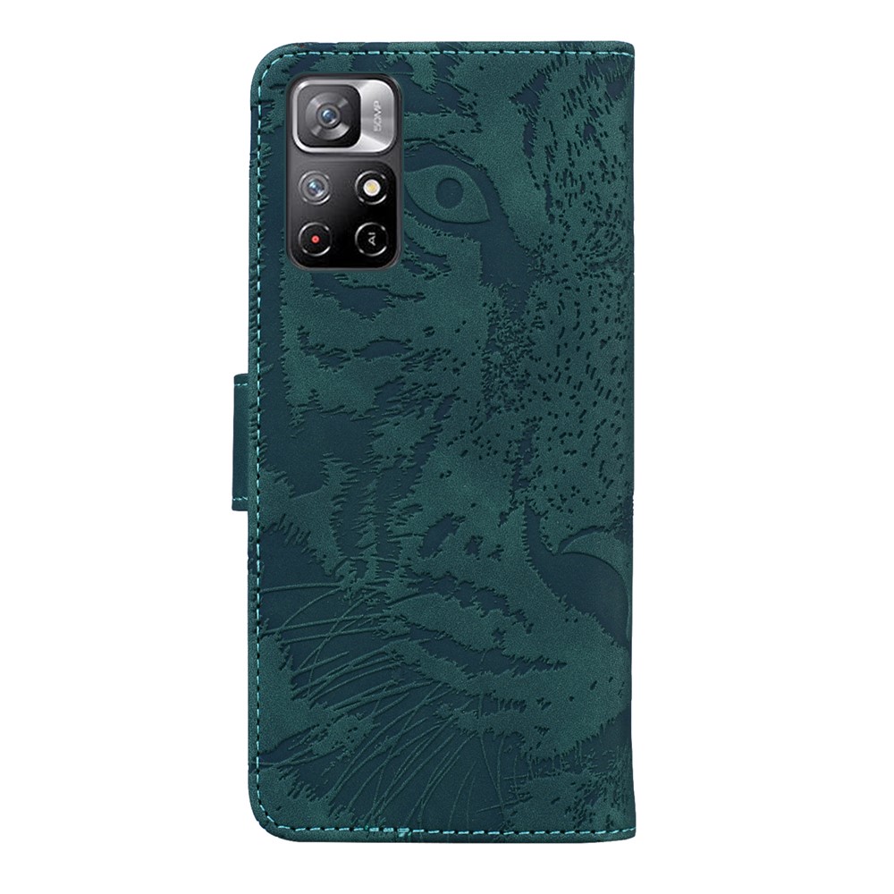 Tiger Pattern Imprinted PU Leather Wallet Stand Full-Protection Phone Case Shell for Xiaomi Redmi Note 11/Poco M4 Pro 5G - Green-3