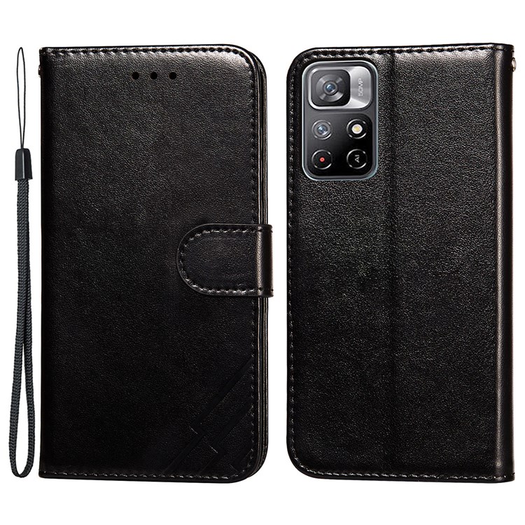 Scratch-resistant Stand PU Leather and TPU Imprinted Three Stripes Pattern Wallet Phone Case Cover for Xiaomi Redmi Note 11 / Poco M4 Pro 5G - Black-1
