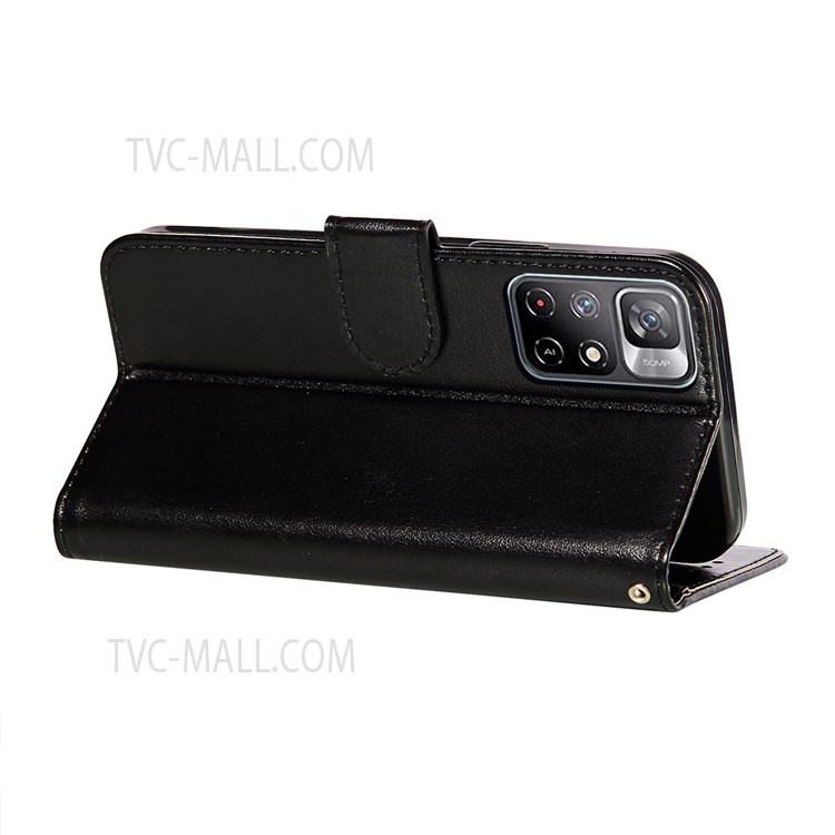 Scratch-resistant Stand PU Leather and TPU Imprinted Three Stripes Pattern Wallet Phone Case Cover for Xiaomi Redmi Note 11 / Poco M4 Pro 5G - Black-5