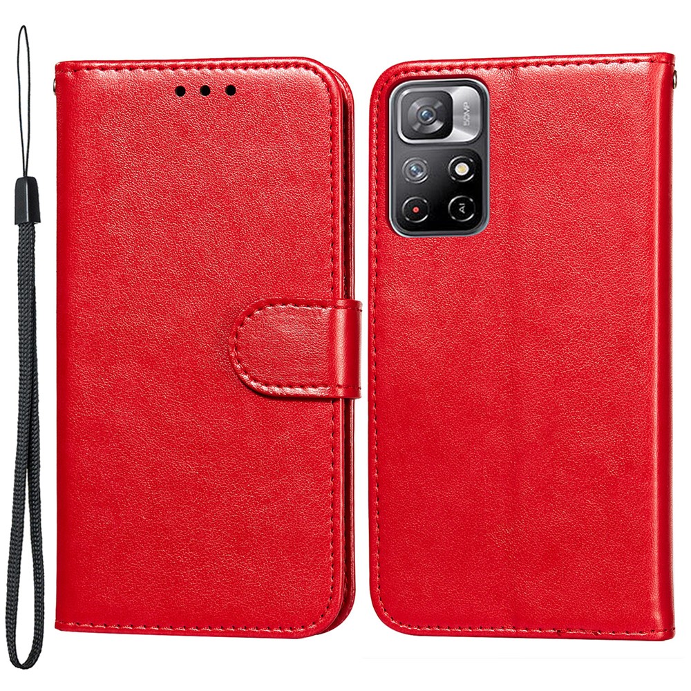 Magnetic Design Anti-fall Solid Color PU Leather Wallet Stand Flip Cover Phone Case with Wrist Strap for Xiaomi Poco M4 Pro 5G / Redmi Note 11 - Red-1
