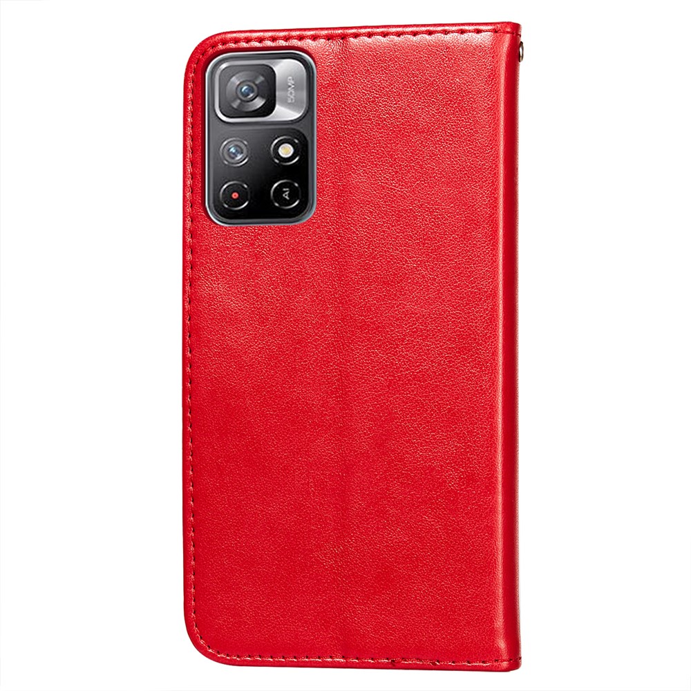 Magnetic Design Anti-fall Solid Color PU Leather Wallet Stand Flip Cover Phone Case with Wrist Strap for Xiaomi Poco M4 Pro 5G / Redmi Note 11 - Red-3