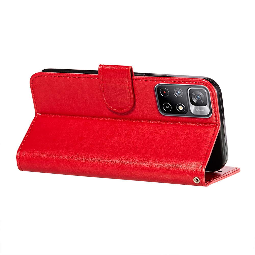 Magnetic Design Anti-fall Solid Color PU Leather Wallet Stand Flip Cover Phone Case with Wrist Strap for Xiaomi Poco M4 Pro 5G / Redmi Note 11 - Red-6