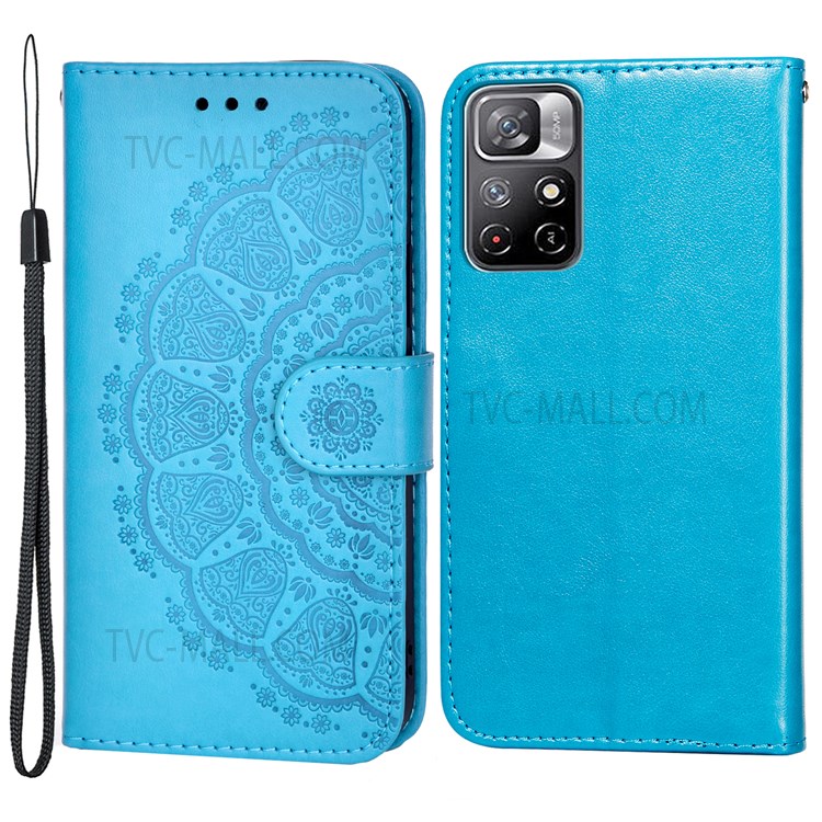 Flip Imprint Flower Soft TPU+PU Leather Wallet Stand Cover Case for Xiaomi Redmi Note 11 / Poco M4 Pro 5G - Blue-1