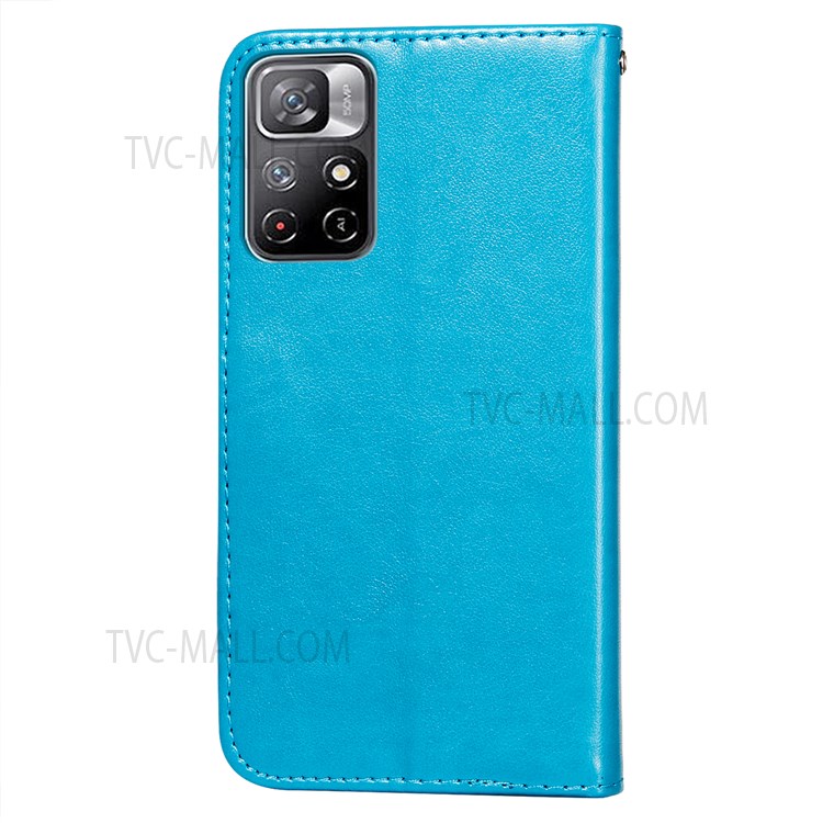 Flip Imprint Flower Soft TPU+PU Leather Wallet Stand Cover Case for Xiaomi Redmi Note 11 / Poco M4 Pro 5G - Blue-3